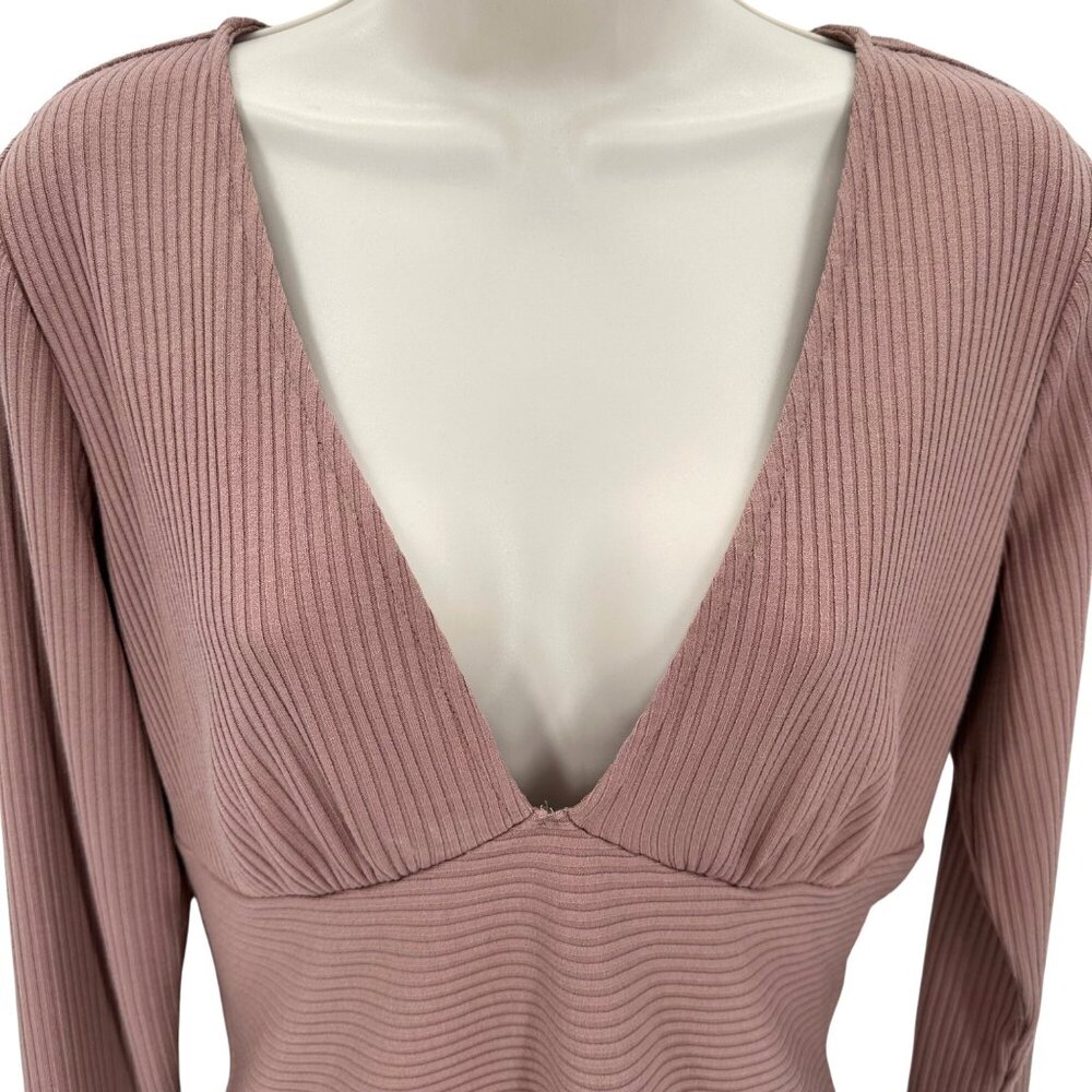 Red By BKE Womens Mauve Deep V-Neck Fitted Ribbed Long Sleeve Top Size Large - Picture 2 of 8